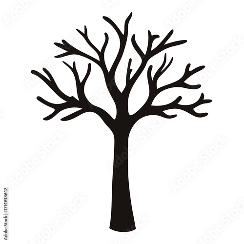 A stark black tree silhouette against a pure white background depicts winter