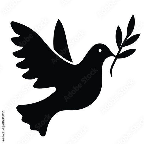 Black silhouette of a dove holding an olive branch as symbol of peace