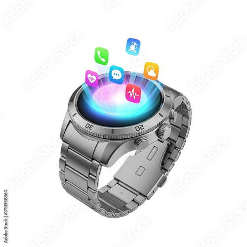 Sleek silver smartwatch with vibrant app icons, futuristic design, technology concept.