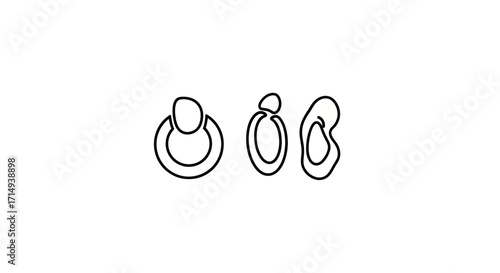 Three Abstract Black Line Art Earrings on White Background.