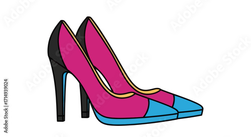 A vibrant cartoon illustration of a pair of pink and blue high-heeled stiletto pumps.