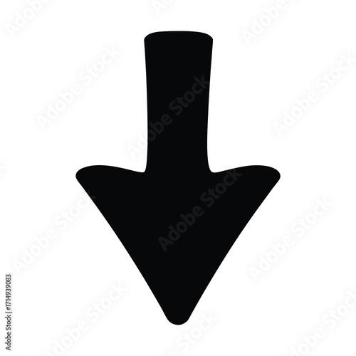 Stylized black arrow pointing downwards, a simple design for direction and navigation