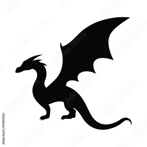 Black silhouette of a formidable winged dragon standing on white background