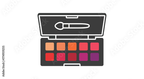 Open makeup palette with colorful eyeshadows and brush icon.