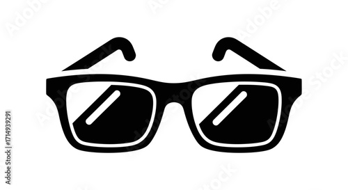 Black vector icon of classic eyeglasses with thick frames and reflective lenses.