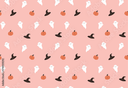 Ghost, pumpkin, with hat halloween seamless vector pattern