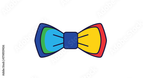 A vibrant and colorful rainbow bow tie illustration with a bold black outline.