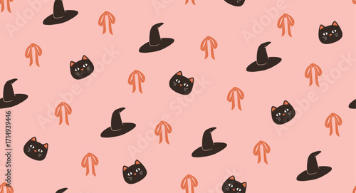Bow and cat seamless vector pattern. halloween background