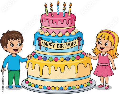 Cartoon birthday celebration with smiling boy and girl, colorful three‑tier cake with candles, festive children party scene, joyful dessert illustration design