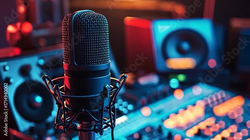 Podcast, radio, interview, music studio recording. Close-up of microphone on stage against a black background with lighting. Music instrument concept 