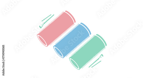 Three colorful cylindrical objects arranged diagonally.