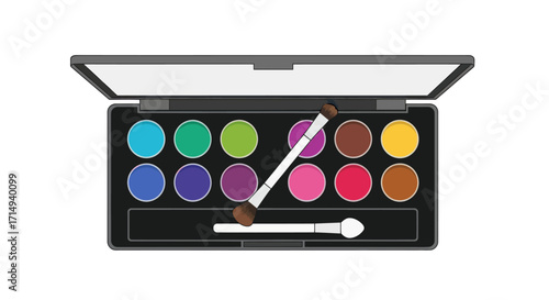Open black eyeshadow palette with twelve vibrant colorful shades and two applicator brushes.
