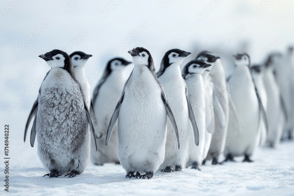 Obraz premium Penguin chicks march together across snowy landscape in Antarctica