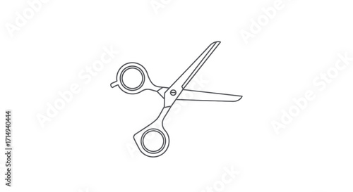 A simple black and white line art drawing of a pair of open hairdressing scissors with a finger rest.