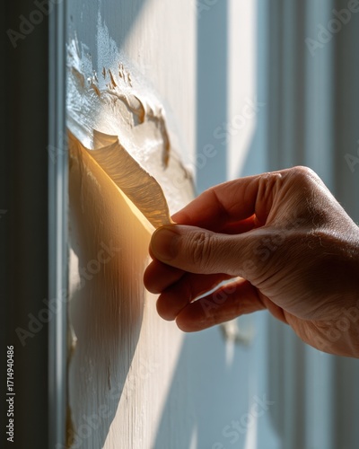 Hand removing paint from wall in sunlit room for diy home renovation