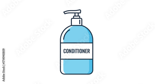 Simple line art icon of a blue hair conditioner bottle with a pump dispenser.