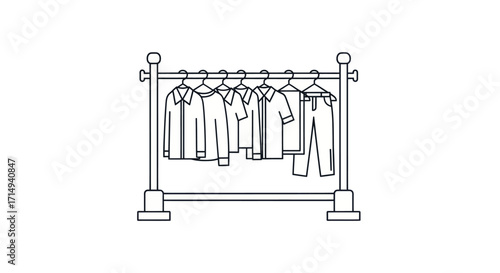 Simple Line Drawing of Clothing Rack with Various Garments.