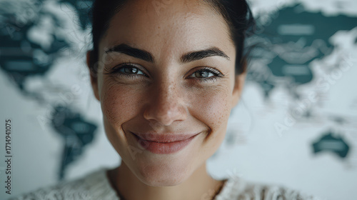 minimalist portrait featuring smiling individual against world map on wall with blurred white text bars appearing