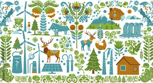 Nature and sustainable energy symbols in flat design with wildlife and tradit…