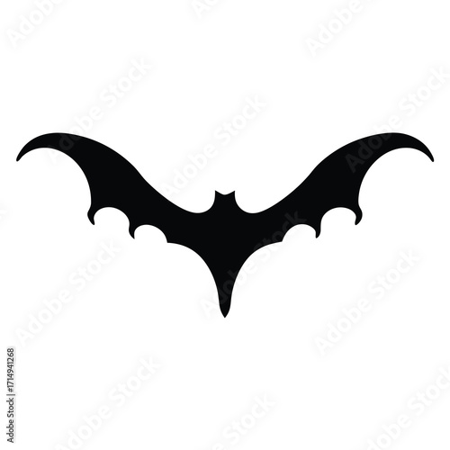 Minimalist silhouette of a bat in flight against a stark white background
