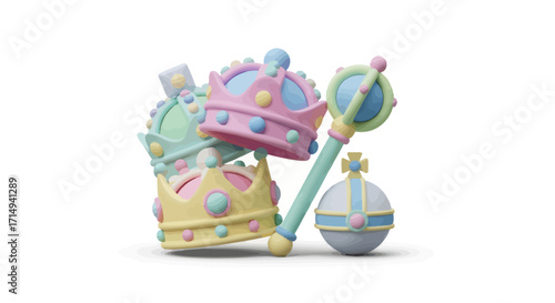 Whimsical Pastel Crowns and Royal Scepter with Orb.