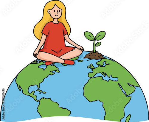 Girl sitting on earth globe with sprouting plant promoting environmental care and sustainability vector illustration 