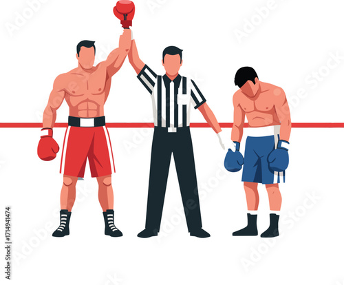 A boxing referee raises the arm of the victorious male boxer in the ring as the defeated opponent looks down, celebrating the champion of a tough match.