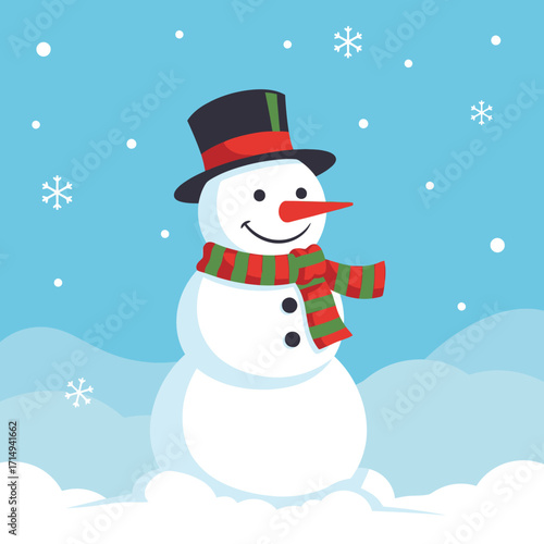 A cheerful snowman with a black top hat, a striped scarf, and a carrot nose, standing in a snowy landscape with snowflakes falling, symbolizing winter joy.