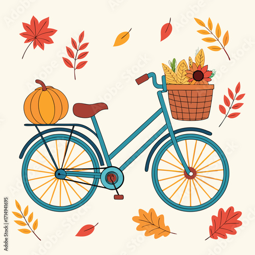 Autumnal bicycle with a pumpkin and basket of flowers amidst scattered leaves creates a seasonal ambiance