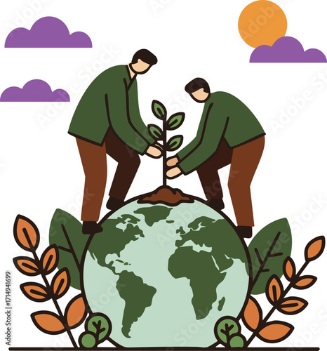 People planting tree on globe earth symbolizing environmental care and nature conservation with green and brown colors vector illustration 