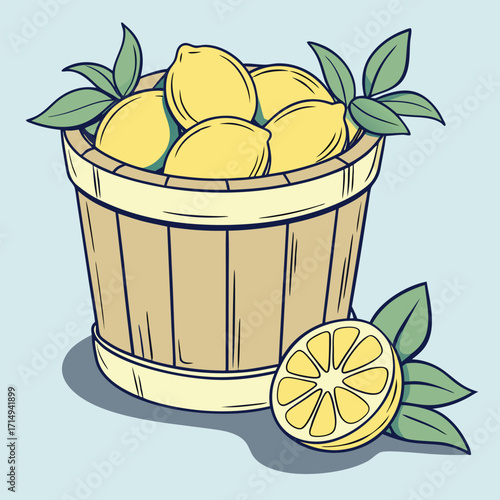Bucket filled with lemons rests near a lemon slice with leaves on light background