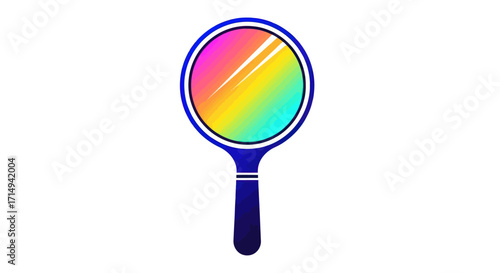 Colorful Hand Mirror with Blue Frame and Handle Reflecting Rainbow Spectrum.