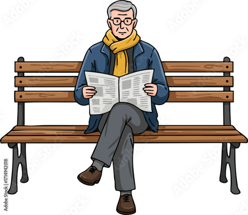 Elderly man sitting on wooden bench reading newspaper in casual clothes with yellow scarf vector illustration 