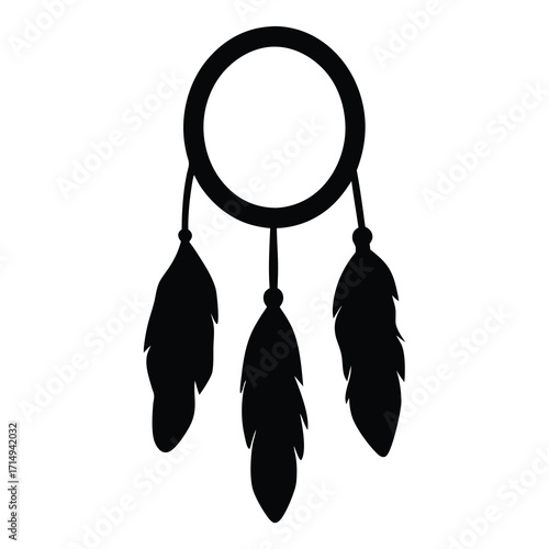 Stylized Silhouette of a Dream Catcher with Three Feathers and Circular Frame