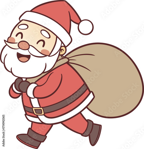 Set of cheerful cartoon Santa Claus carrying a large sack full of gifts line art silhouette vector illustration.