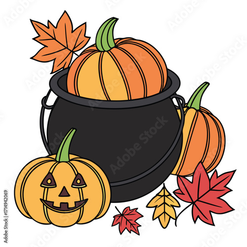 Carved pumpkin smiles beside a cauldron brimming with autumn gourds and colorful leaves on white