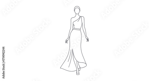 Elegant One-Shoulder Gown Fashion Design Sketch.