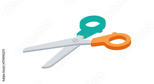 A pair of colorful childrens safety scissors with orange and teal plastic handles and white blades.