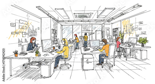 Modern office workspace with people working in sketch style