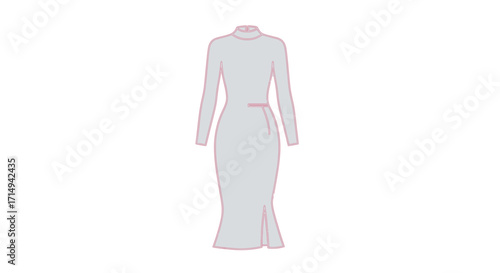 Long-Sleeve High-Neck Midi Dress with Pink Sash.