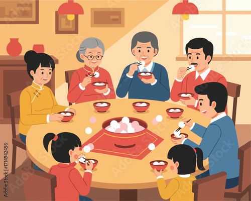 A multi-generational Chinese family gathered around a table, enjoying tangyuan, or glutinous rice balls, a traditional dish for the Lantern Festival or Chinese New Year.