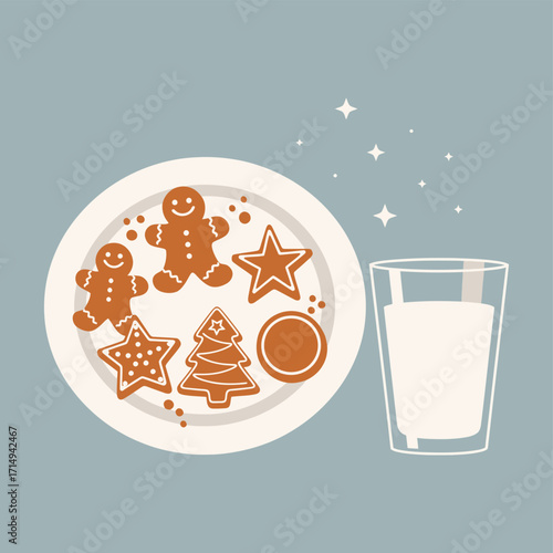 A plate of decorated Christmas gingerbread cookies and a glass of milk, a festive tradition for Santa Claus on Christmas Eve, symbolizing holiday cheer and childhood magic.