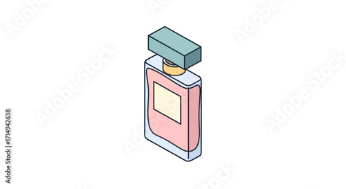 Isometric Illustration of Pink Perfume Bottle with Teal Cap.