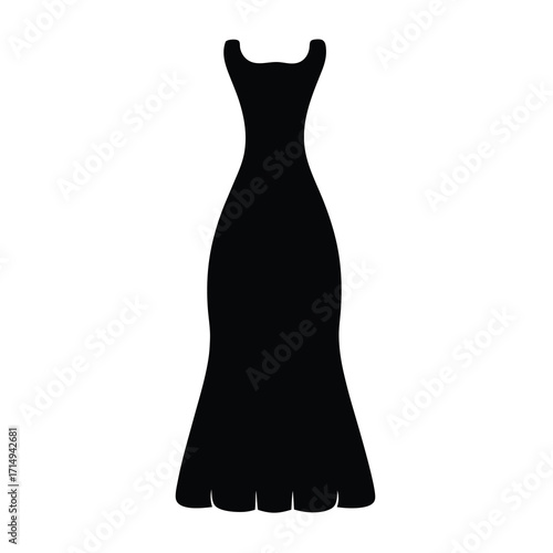 Elegant black silhouette of a long evening dress against a white backdrop