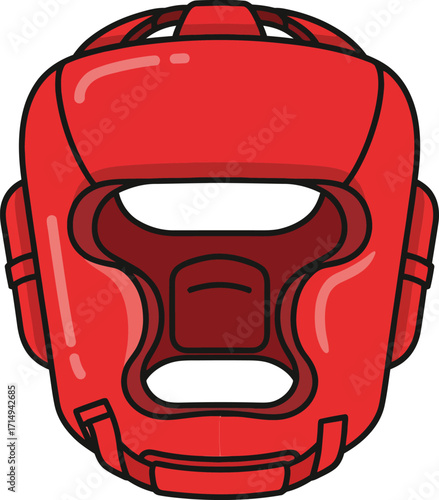 A red boxing headgear, a protective piece of equipment used by fighters during training and sparring to shield the head from injury, ensuring safety and performance.