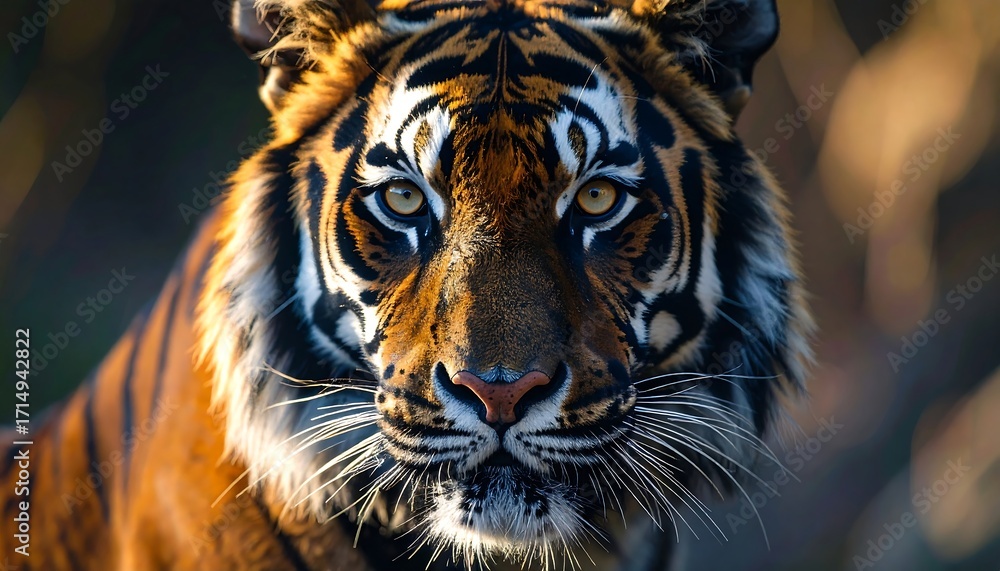 Naklejka premium A close-up portrait of a regal, majestic feline, its expressive eyes staring intently forward, bathed in warm, natural light