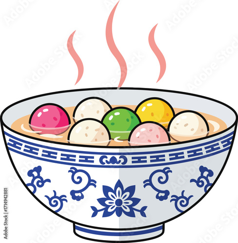 A steaming bowl of colorful tangyuan, or glutinous rice balls, a delicious and traditional Chinese dessert symbolizing family togetherness and good fortune during festivals.