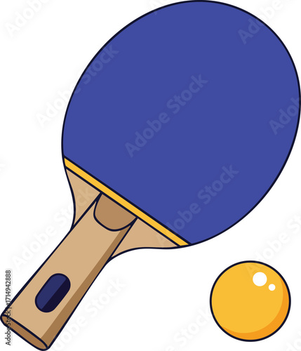Table tennis paddle with wooden handle and blue rubber surface with yellow ball vector illustration 