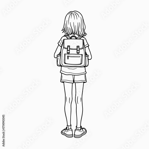 Young girl with backpack standing from behind in casual outfit  