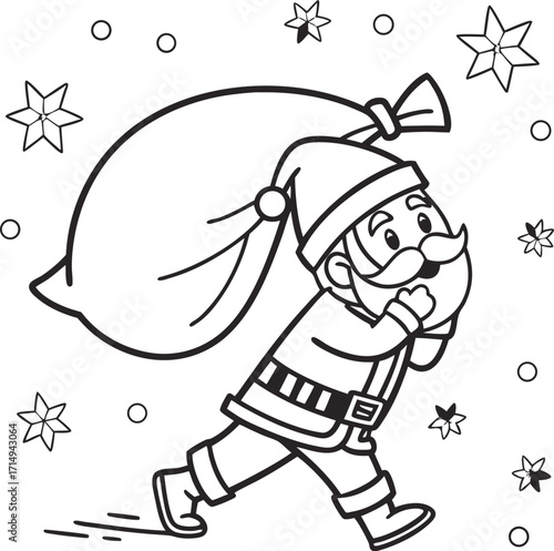 Set of cheerful cartoon Santa Claus carrying a large sack full of gifts line art silhouette vector illustration.